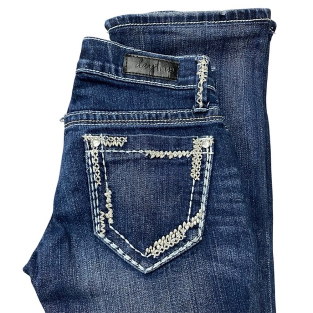 Daytrip 24 x 27 Aquarius Flare Low Rise Bootcut Jeans Dark Wash Thick Stitch